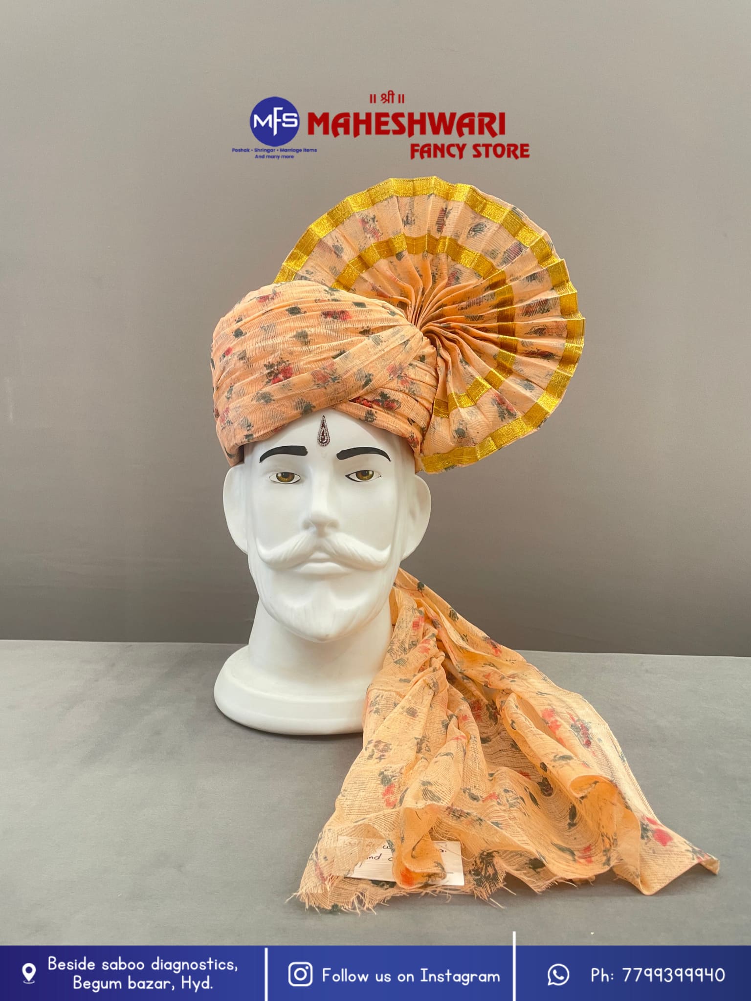 Peach Makkhi Barati Pagdi Fabric